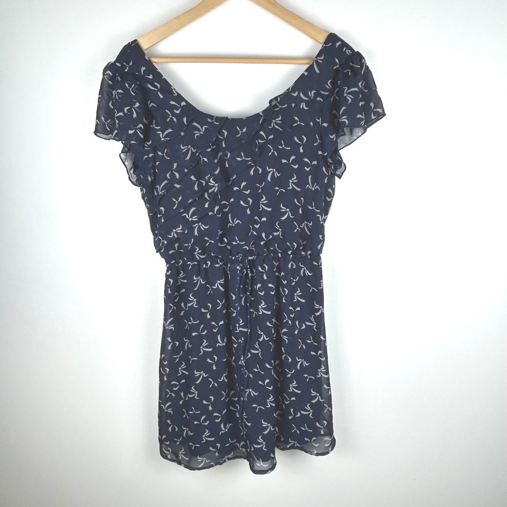 Belle du Jour Navy Blue Bow Print Flutter Sleeve Cinched Waist Dress Size Large